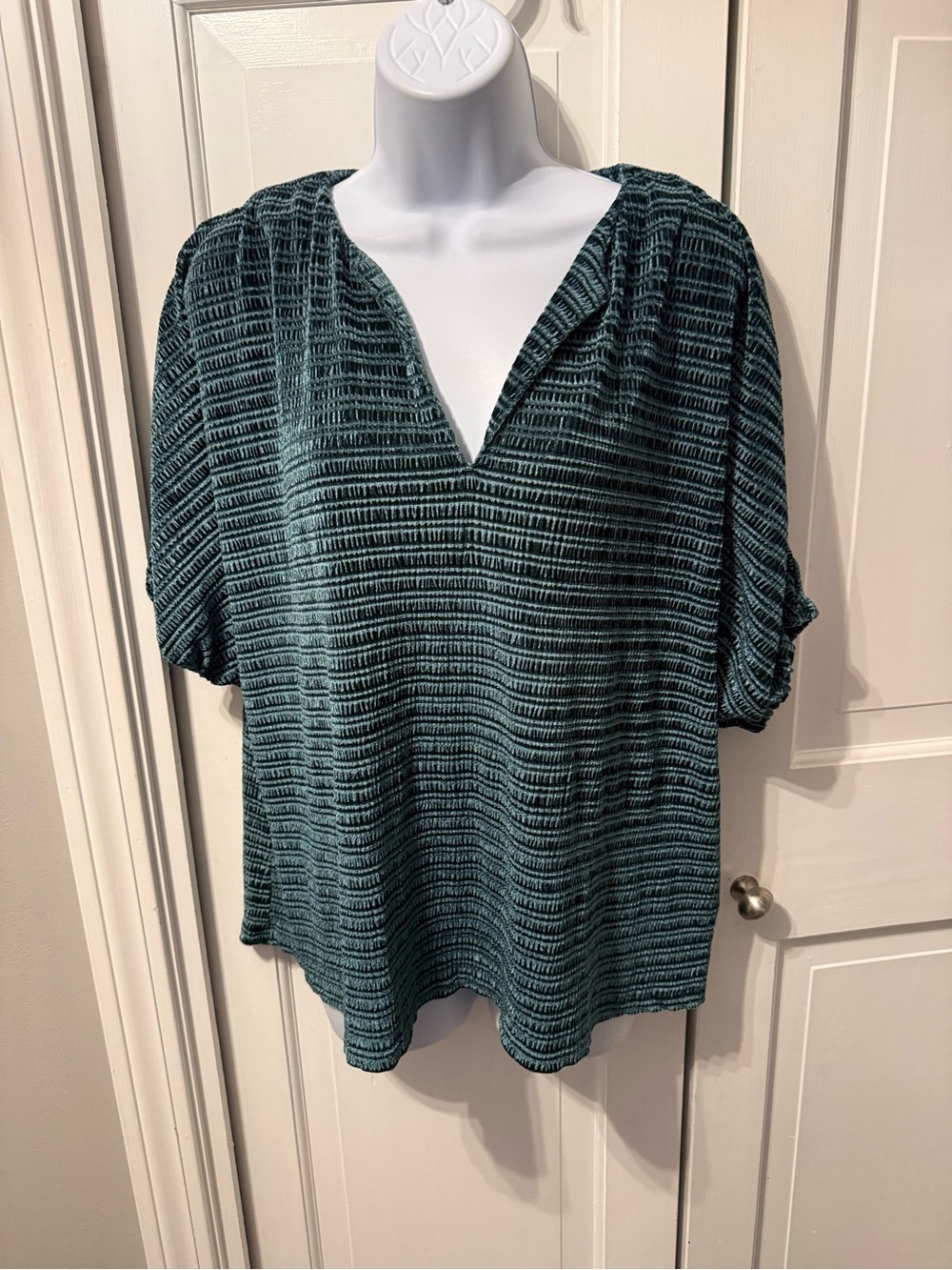 THML Teal Velvet Short Sleeve V-Neck Blouse - Picture 2 of 6